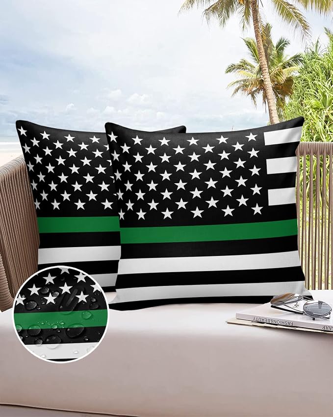 Outdoor Waterproof Pillow Covers Set of 2, Thin Green Line Flag Border Patrol, Park Ranger and Conservation Officer Patio Throw Pillow Covers, Decorative Cushion Case for Sofa Furniture, 18x18 Inch