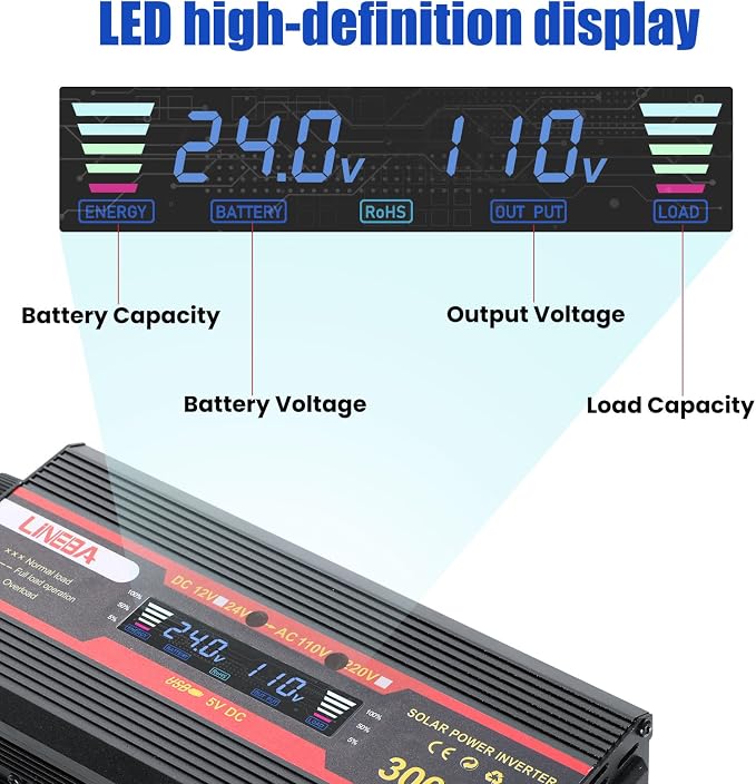 3000 Watt Power Inverter with LED Display,Dual AC Outlets,USB Port, 24V DC to 110V AC Converter Car Power Inverter for Vehicles, Car, RV, Truck, Off Grid Solar System, Outdoor Camping