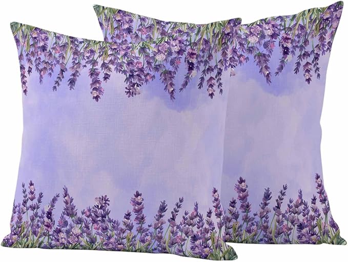 Outdoor Waterproof Throw Pillow Covers Set of 2 Lavender Spring Flowers Pillowcases 16x16 Inches Purple Floral Leaves Decorative Pillows Cushion Case Patio Pillows for Couch Bed Chair Garden