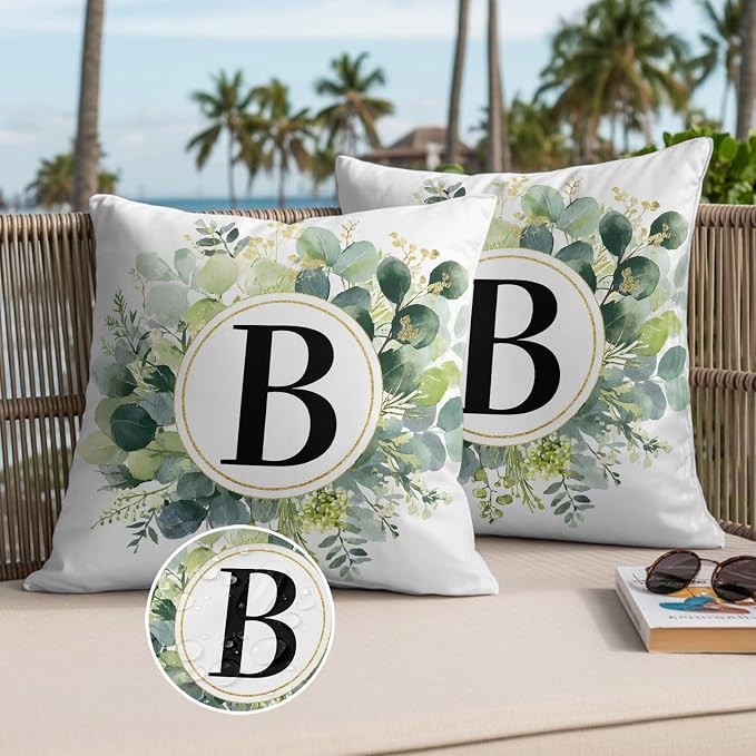 Letter B Waterproof Outdoor Pillow Covers Set of 2 Home Decor, Alphabet Green Eucalyptus Leaves Pillowcase Patio Pillow Covers for Couch Bench Patio Furniture Garden 26x26in