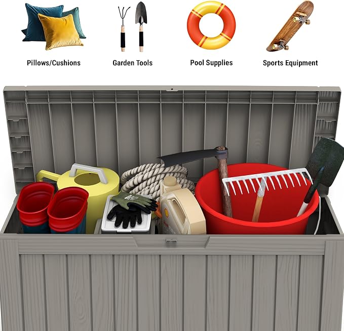 Mars Villa 72 Gallon Deck Box, Waterproof Weatherproof and UV Resistant Resin Storage Bin with Lockable Lid, Ideal for, Outdoor, Patio Furniture Cushions, Pool Supplies, Garden Tools, Grey