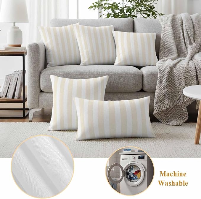 Cream Striped Outdoor Waterproof Throw Pillow Covers 20x12 Set of 2, Modern Farmhouse Cream White Stripes Decorative Pillowcases Cushion Pillowcase for Couch Sofa Patio Outside Pillow Protector