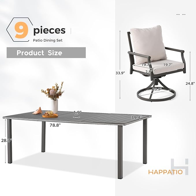 HAPPATIO Patio Dining Set, Metal Outdoor Table and Chairs Set for 8, Powder-Coated Swivel Rocking Chairs with Thick Cushions, 80" Rectangular Table with 1.9" Umbrella Hole for Deck Backyard Lawn