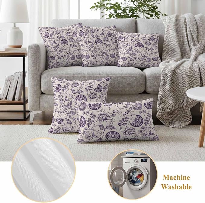 Outdoor Pillow Covers 20x20 Set of 2, Purple Spring Floral Waterproof Patio Throw Pillow Covers for Couch Sofa Chair, Summer Botanical Farmhouse Decorative Pillowcases for Throw Pillows
