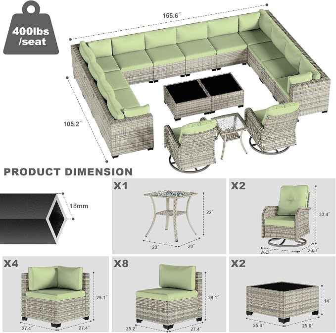 17-Piece Patio Furniture Set, Outdoor Patio Furniture with Swivel Chairs Set, Thick Cushions, Modular Patio Sofa, Dual-Strand Rattan, Rust-Resistant Frame, Light Green