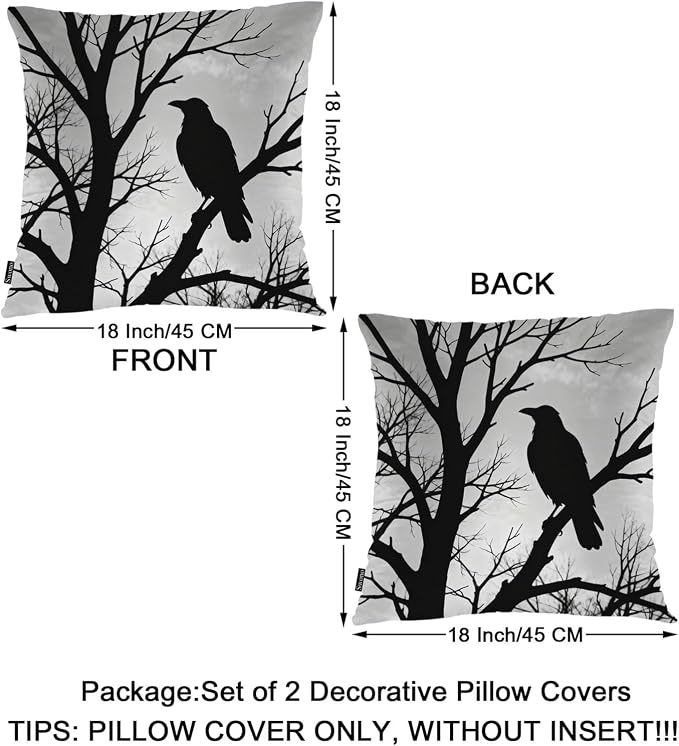 Swono Raven Pack of 2 Throw Pillow Cases, Wild Bird Black Ravens On Tree Branch Cozy Pillow Cover Square 18"X18" Cushion Case Set Pillowcase Decorative for Home Sofa Bedroom Car Office