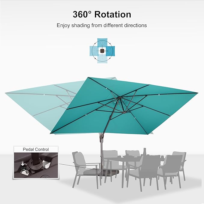 PURPLE LEAF 10' X 13' Patio Cantilever Umbrella Rectangle Umbrella Outdoor with Aluminum Offset Antique Bronze Hanging and 360° Rotation for Pool Garden Deck Patio, Turquoise
