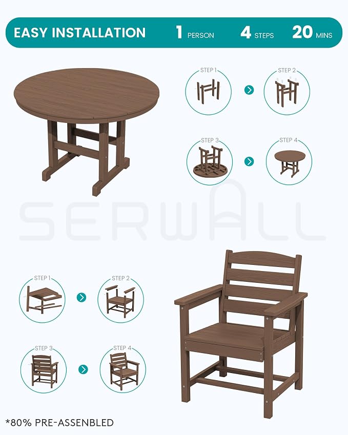SERWALL 5-Piece Patio Dining Sets, HDPE Outdoor Table and Chairs Furniture Set, 45" Round Dining Table and 4 Dining Chairs, Brown