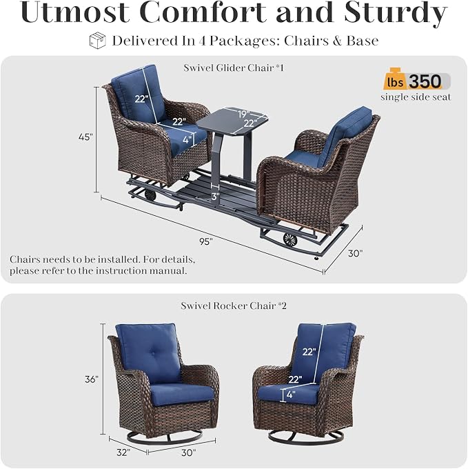 Rilyson Luxury Outdoor Wicker Glider Rocker Chairs for 4 Person, Outdoor Furniture Sets with 2 Piece Wicker Swivel Rocker Chairs, Rattan Glider Rocker Chairs with Table for 2 Seats Brown/Blue
