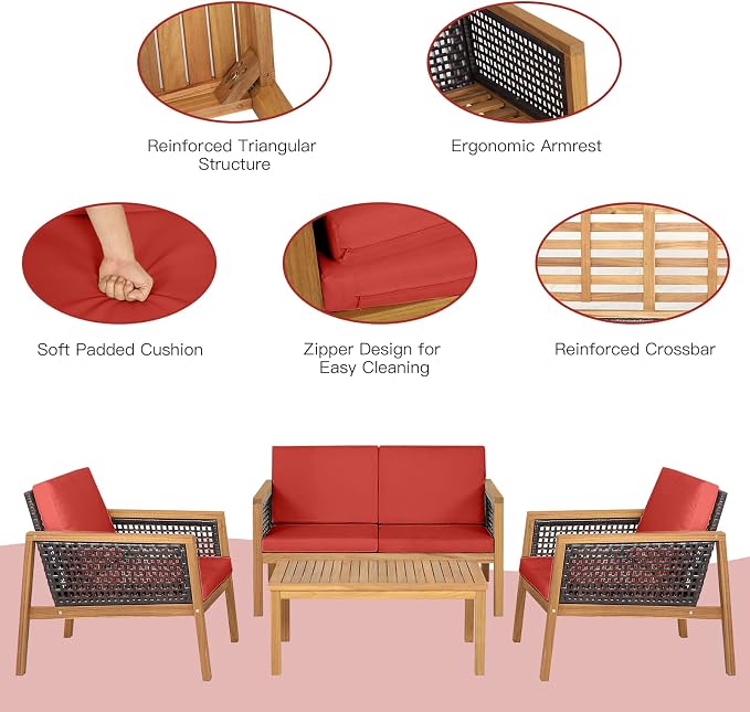 4 Pieces Outdoor Acacia Wood Furniture Set, Outdoor PE Wicker Conversation Set with Coffee Table and Soft Cushions, Outdoor Sofa Set for Garden, Poolside and Backyard (1, Red)