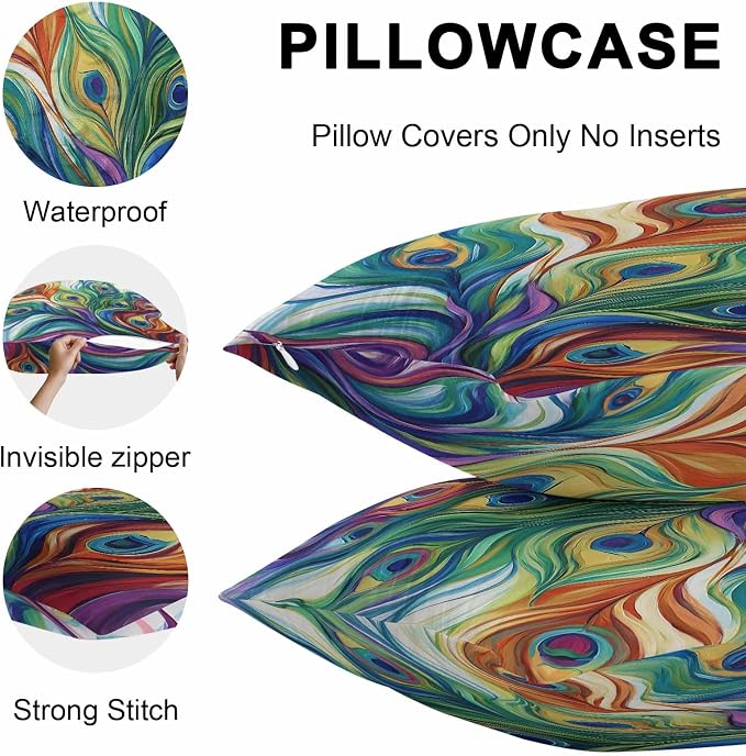 Colorful Peacock Feathers Outdoor Pillow Covers 18x18 Inch Throw Pillow Covers Set of 2 Waterproof Decorative Pillow Cases Oil Painting Abstract Art Cushion Covers for Patio Furniture Garden Couch