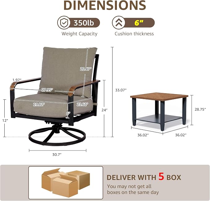 NATURAL EXPRESSIONS Patio Furniture Sets,Modern Metal Outdoor Conversation Sofa Set with 4 Pc High Back Swivel Rocking Chairs,Anti-Scald Armrest,Double-Deck Wooden-GrainTable, 6" Cushions for Balcony