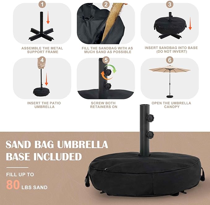 Sundale Outdoor Solar 80 LED 9 ft Patio Umbrella with Sand Bag Umbrella Base, Outdoor Umbrella with Tilt and Crank, Tan