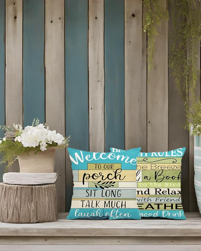 Lake House Outdoor Pillow Covers 18x18 Inch Waterproof Turquoise Woodgrain Stripe Welcome to Porch Decorative Cushion Covers for Patio Furniture, Set of 2