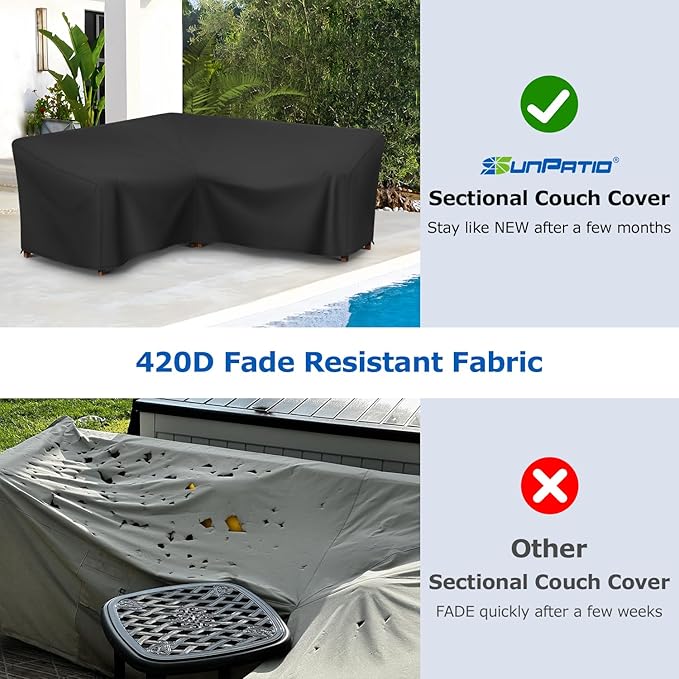 SunPatio Outdoor Sectional Sofa Cover, 420D Waterproof V-Shaped Furniture Couch Covers with Drawstrings and Straps, All Weather Protection, 85" W (on Each Side), Black