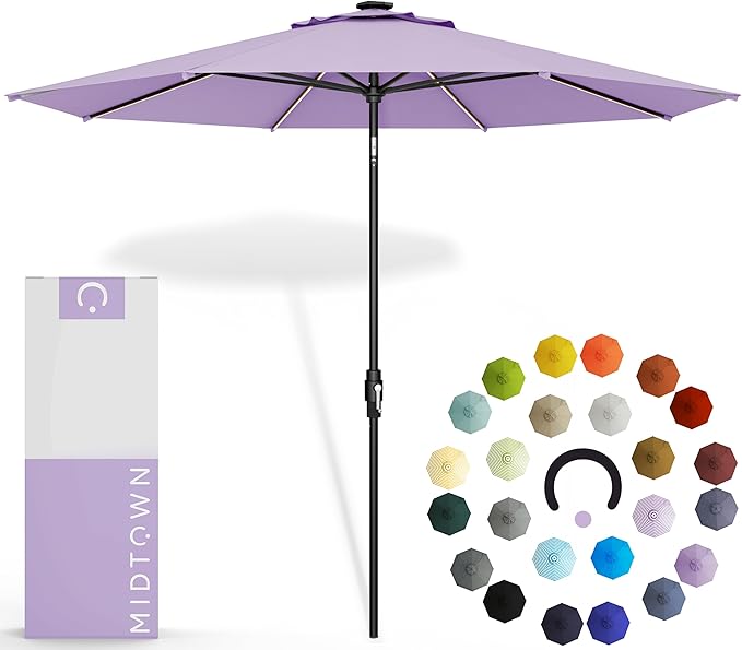 Midtown Umbrellas The LED Swilt 8 Feet Patio Umbrella With Terylast Midtown Purple Polyester Fabric - Auto-Tilt Aluminum Frame With LED Lights For Backyard, Deck, Garden, Pool - Black Pole