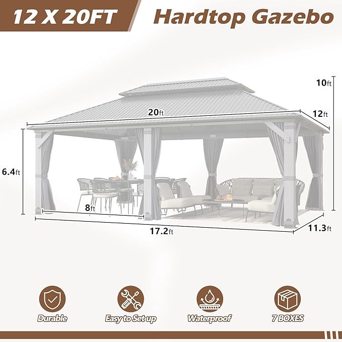 12' x 20' Wood Gazebo, Outdoor Hardtop Gazebo with Wood Posts and Galvanized Steel Doule Roof, Wooden Frame Gazebos with Netting and Curtains for Patio, Backyard, Dec