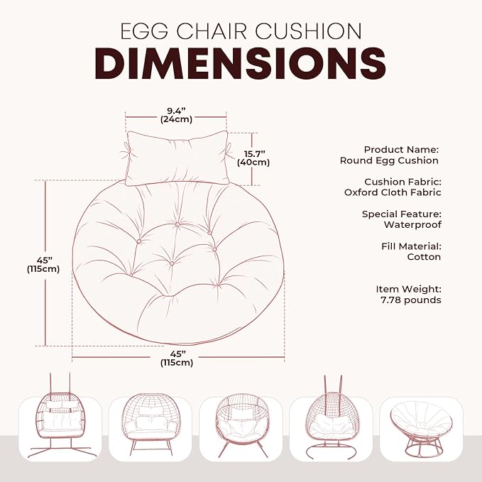 Outdoor 45" Round Egg Chair Cushion Replacement Waterproof Red Peony | Thicken Pad with Headrest Pillow, Hanging Swing Wicker Egg Chair Cushions, Suitable for Garden Office
