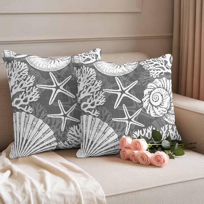 Outdoor Pillow Covers 24x24 Inch Set of 2, Grey Starfish Coastal Waterproof Throw Pillow Covers, Summer Coral Shell Beach Nautical Decorative Cushion Pillowcases for Couch, Sofa, Bed, Garden, Patio