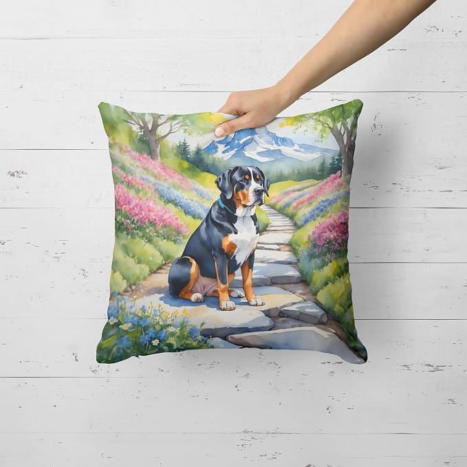 Caroline's Treasures Greater Swiss Mountain Dog Spring Path Throw Pillow Machine Washable, Indoor Outdoor Decorative Pillow for Couch, Bed or Patio, 18Hx18W