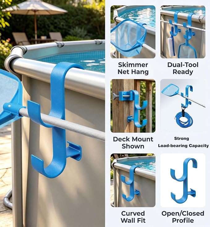 2Pcs Above Ground Pool Pole Hooks, Double Hanging Bracket for Pool Telescopic Pole, Leaf Skimmer Net & Vacuum Hose, Pool Rail Accessory Storage Hanger