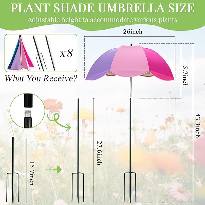 Colorful Plant Umbrellas for Outdoor Plants, Large (40") Sun Protection Shade Cover with M-Shaped Insert, Garden Shades for Potted Plants, Garden Beds, Patio Flower (8 Pcs)