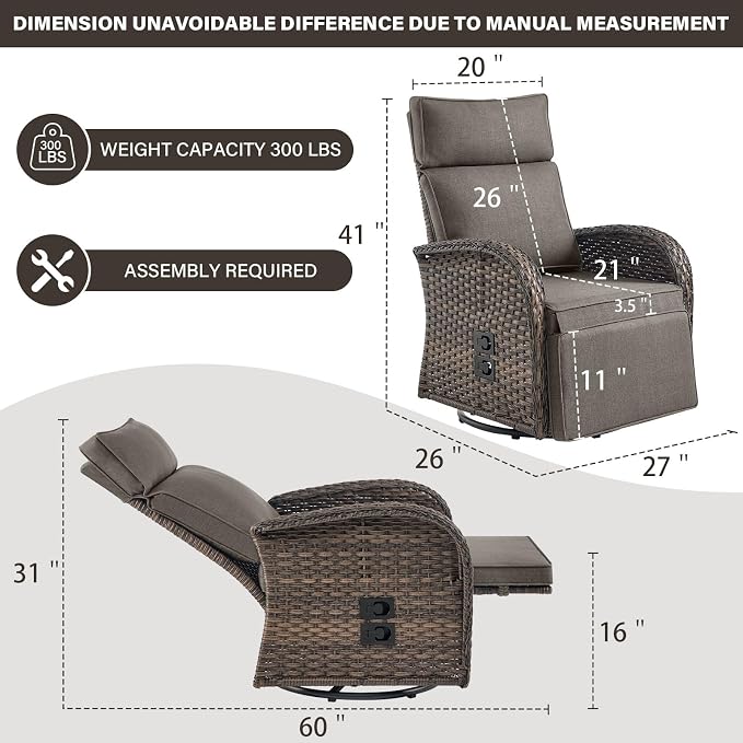 Belord Dual-Adjust Outdoor Swivel Recliner Chair – Wicker Reclining Patio Chair with Adjustable Backrest and Footrest, All-Weather Wicker Chaise Lounge Chair Outdoor for Pool Deck 2.0