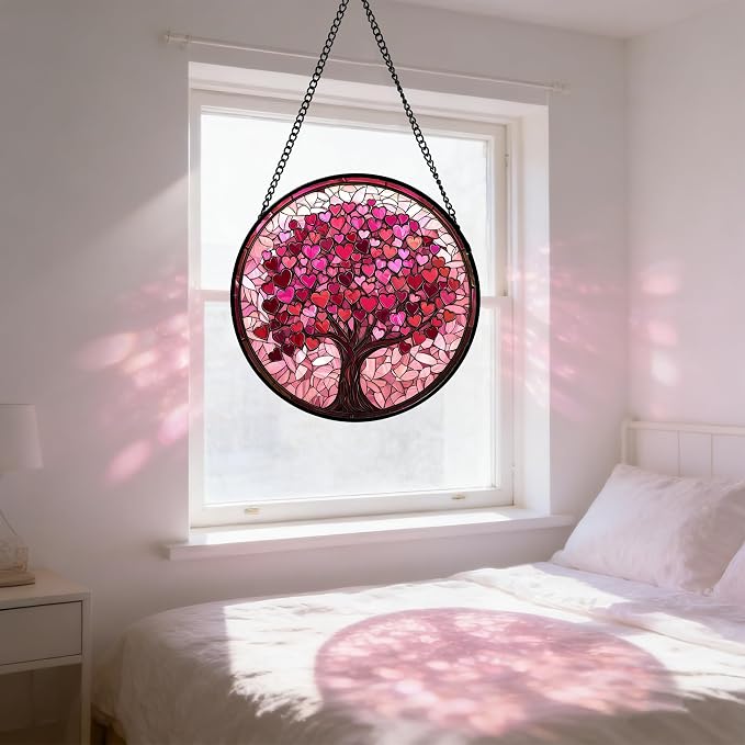 Stained Glass Window Hanging, Birthday Gifts for Women Mom Grandma Nana Wife Couple, Pink Love Tree Suncatcher for Doors Window Home Sun Catchers Gifts Decor 14.9 in