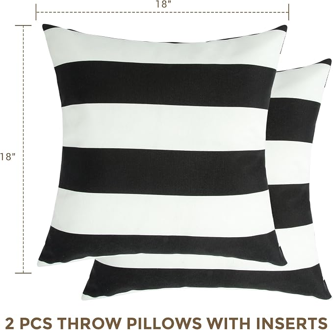 Throw Pillow with Insert, Set of 2, Outdoor Indoor Waterproof Decorative Patio Throw Pillow 18x18 Inch, Square Cushion for Couch Sofa Garden Farmhouse Decoration-Black White Stripe