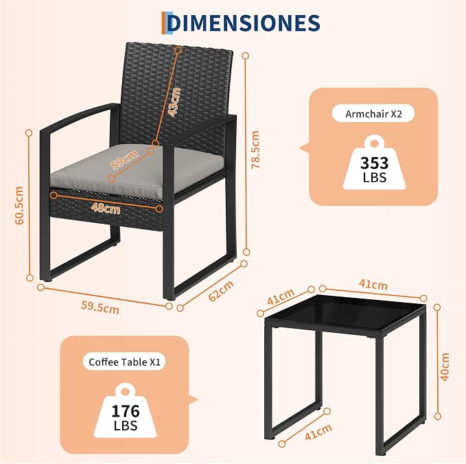 IDEALHOUSE 3 Piece Outside Patio Furniture Set, Outdoor Wicker Chair Conversation Set with Glass Coffee Table, PE Rattan Patio Furniture for Backyard, Porch, Patio, Poolside (No Rocking)