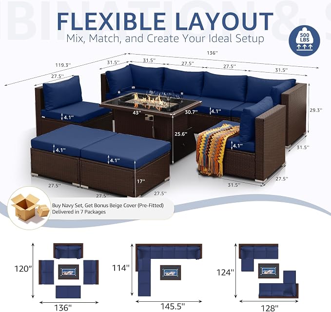 NICESOUL 9 Piece Patio Furniture Set with Fire Pit Natural Gas/Propane, 29.3'' High Back Comfy Outdoor Wicker Conversation Set, XL Large Deep Sitting Sectional Sets, Brown Rattan and Navy Blue Cushion