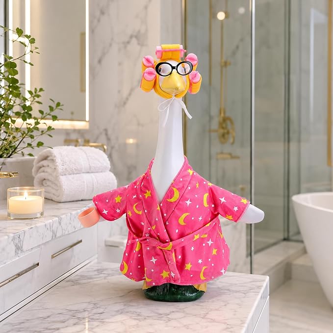 DECOHS 4 Pcs Bathrobe Porch Goose Outfit, Lawn Goose Statue Costume with Star and Moon Print, Yard Goose Bathrobe Curlers Glasses Cup Outfit for 23" Statue Patio Garden Decoration (Pink)