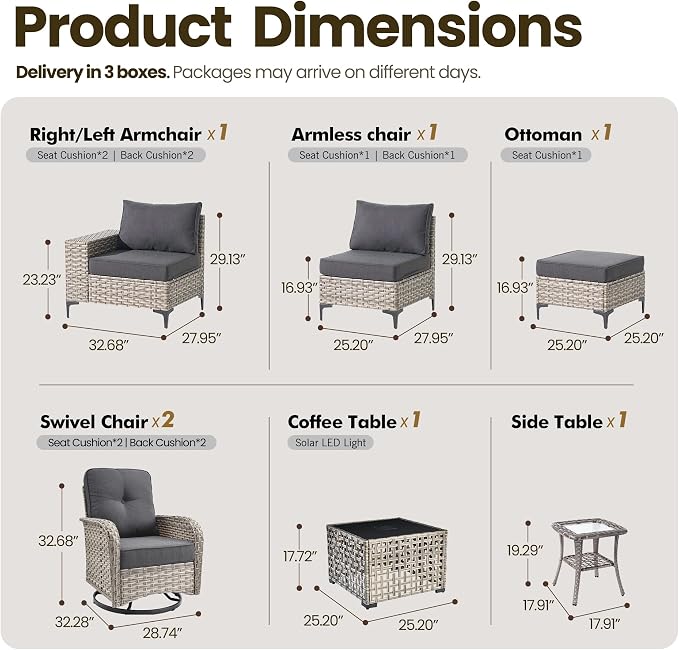 8-Piece Wicker Outdoor Sectional Furniture, Wide Armrest Patio Couch with Swivel Rocking Chair Ottoman Solar Table, Modular Sofa Rattan Conversation Sets for Backyard Deck Garden, Black