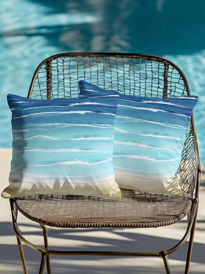Set of 2 Outdoor Pillows Waterproof, Blue Beige Ombre Indoor/Outdoor Throw Pillows with Inserts, Coastal Nautical Summer Beach Wave Decorative Pillow for Patio Furniture Chairs Couch 18"x18"