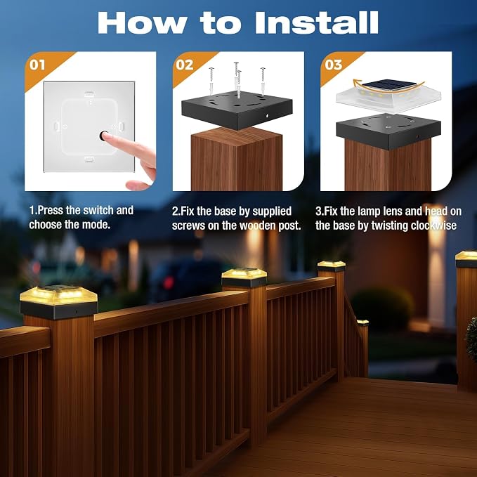 4x4 Solar Post Cap Lights Outdoor 6 Pack, 3 Color Modes/Dusk to Dawn/IP65 Waterproof, Fits 4x4 Vinyl/PVC Wood Posts Top, Black LED Fence Topper Light for Deck, Porch, Backyard