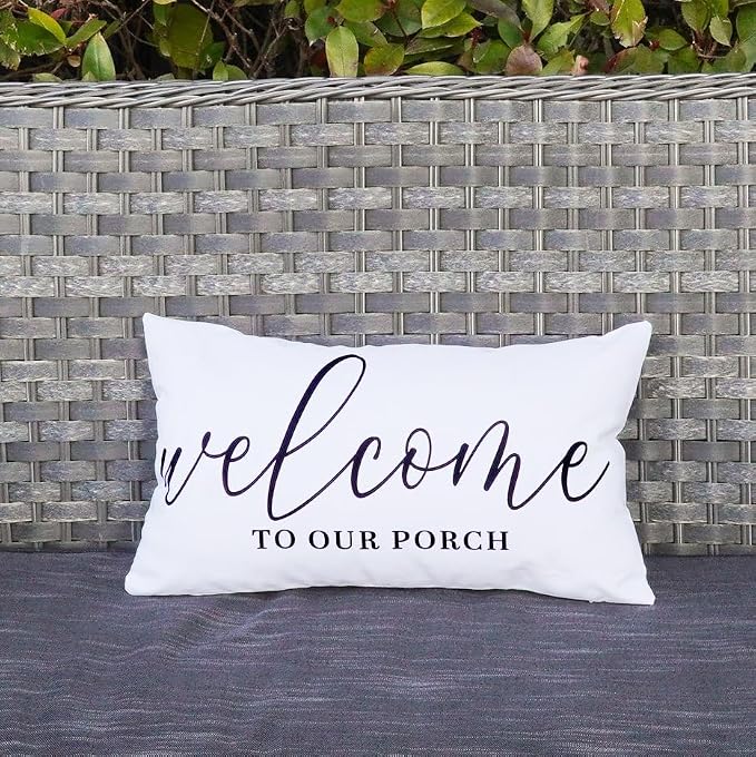 ONWAY White Outdoor Welcome Throw Pillow Covers 12x20 Inch Waterproof Black and White Decorative Cushion Cover for Patio Furniture Garden Spring Summer Decor