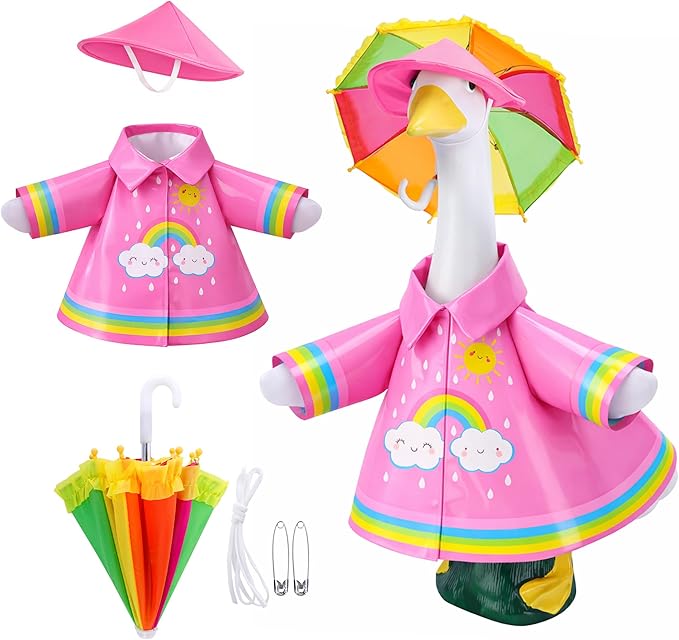 DECOHS 3 Pcs/Set Raincoat Porch Goose Outfits, Summer Lawn Goose Statue Raincoat Costume, Yard Goose Clothes Raincoats Umbrella Hat Outfit for 23" Statue Patio Garden Decoration (Rosy Rainbow)