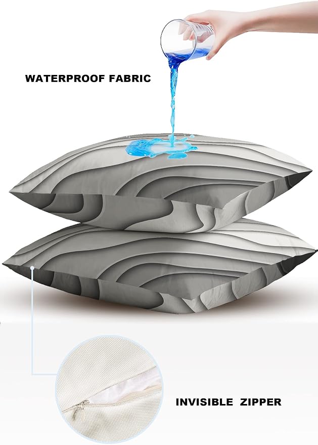 Funy Decor Waterproof Outdoor Throw Pillow Cover Gray Modern Geometric Lumbar Pillowcases Set of 2 Abstract Beach Decorative Patio Furniture Pillows for Couch Garden 18 x 18 Inches