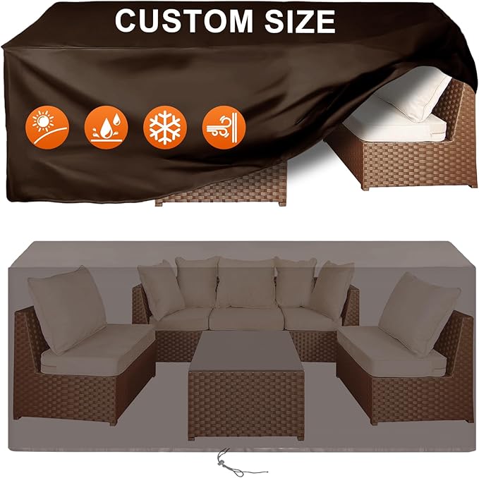 Patio Furniture Cover Rectangle 100"(L) x 44"(W) x 34"(H), Custom Heavy Duty 420D Waterproof Outdoor Cover with Drawstring & Buckles for Table Chair Garden, Coffee