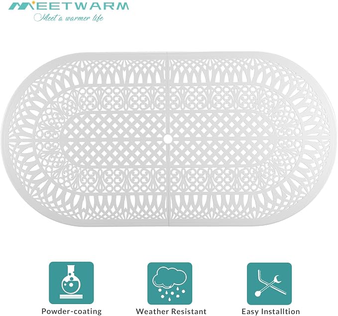MEETWARM 9-Piece Outdoor Patio Dining Set, All-Weather Cast Aluminum Patio Conversation Set for Backyard Garden Deck with 1 Oval Table, 8 Outdoor Dining Cushioned Chairs, 2" Umbrella Hole, White