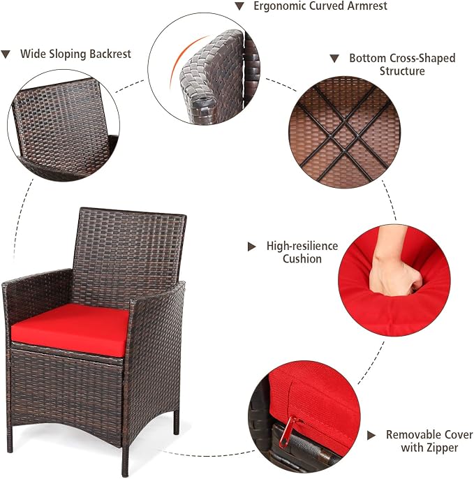 RELAX4LIFE 3 Pieces Patio Rattan Furniture Set with Glass Coffee Table & Cushions Outdoor Conversation Set for Poolside Balcony Backyard Lawn Porch 3 Pieces PE Rattan Patio Set (Red)
