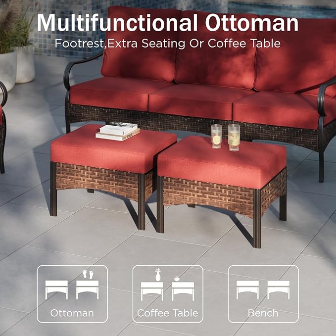 PHI VILLA Patio Furniture Set, Extra Large Wicker & Metal Outdoor Conversation Set Patio Sectional Sofa Set with Waterproof Thick Cushions for Porch, Poolside, Deck(7 Pieces, Red)