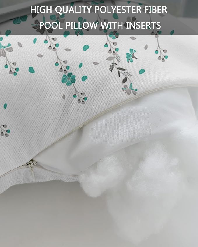 Outdoor Pillows Covers with Inserts Flower Teal Grey Cherry Blossoms White Waterproof Pillow with Adjustable Strap Throw Pillows for Patio Furniture Recliner Lounge Chair, 11x16 inch, 2PCS