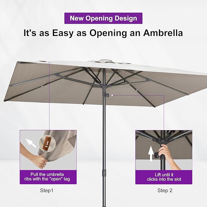 PURPLE LEAF 9 X 12 FT Semi-Auto Outdoor Patio Umbrella Market Table Sun Umbrellas with 8 Aluminum Sturdy Ribs for Backyard Deck Garden Pool (Gray Pole Beige Canopy)