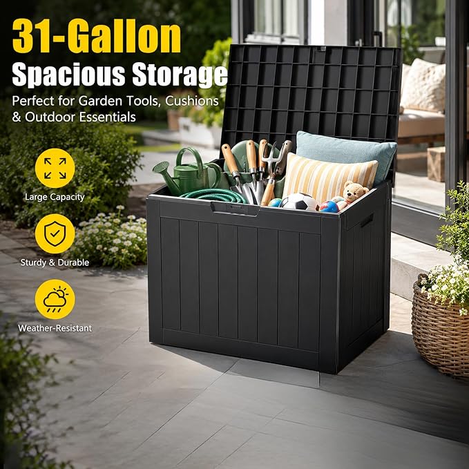 31 Gal Resin Deck Box, Outdoor Storage Bench Side Table for Patio Cushion | Versatile outdoor storage: Organizes single yard mats, pool accessories, garden hoses, or front porch parcels.
