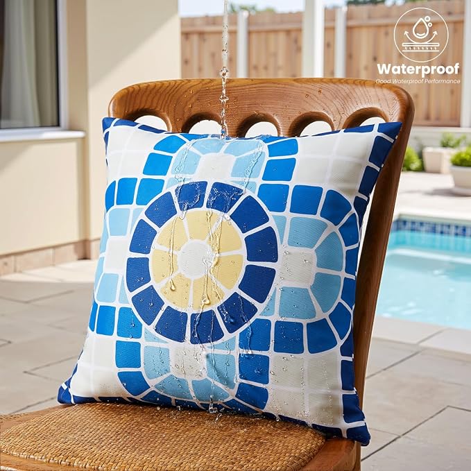 CARRIE HOME Blue Summer Outdoor Pillow Covers Waterproof 18x18 Set of 4, Summer Themed Party Decorations Swimming Pool Chair Pillow 18 x 18, Fade Resistant Waterproof Outdoor Pillows for Patio Porch