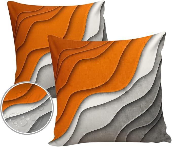 Funy Decor Waterproof Outdoor Throw Pillow Cover Orange Grey Modern Geometric Lumbar Pillowcases Set of 2 Abstract Ombre Decorative Patio Furniture Pillows for Couch Garden 16x16 inch x 2pcs