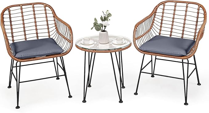 COSTWAY 3 Pieces Patio Bistro Set, Outdoor Rattan Conversation Seating Chair Set with Coffee Table & Soft Cushions, Indoor Wicker Furniture Set for Garden, Balcony, Porch, Pool, Gray