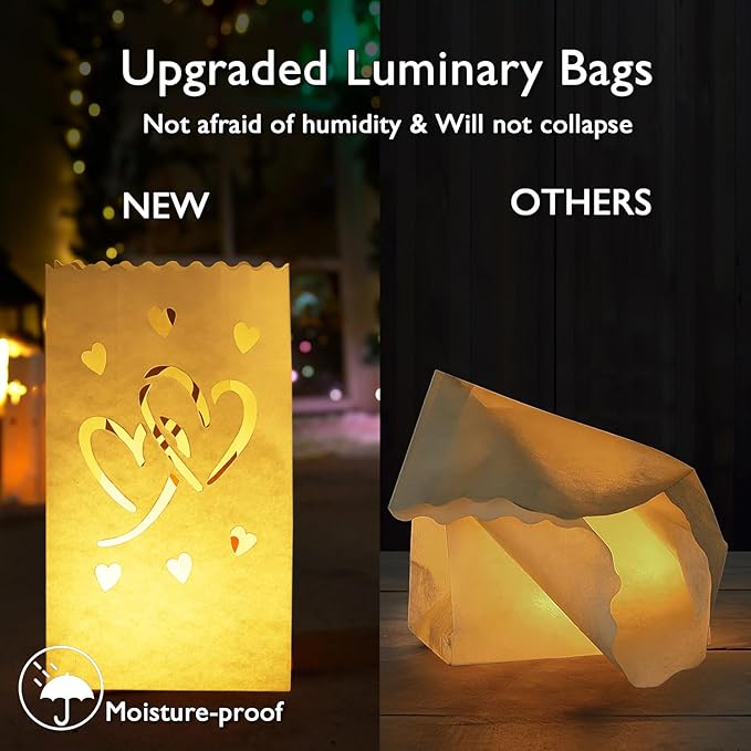 Homemory Valentine's Day 50 PCS White Luminary Bags with Hearts, Upgraded Moisture-Proof Candle Bags, Tea Light Luminaries for Wedding, Halloween, Thanksgiving, Christmas, Party