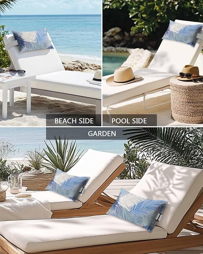 Outdoor Pillows Waterproof Covers Set of 2, Royal Blue Palm Leaves Adjustable Elastic Chaise Lounge Head Resting Pillows, Tropical Leaf Plant Lumbar Pillow for Pool Beach Patio Furniture 20x12 Inch